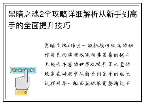 黑暗之魂2全攻略详细解析从新手到高手的全面提升技巧