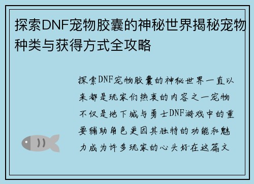 探索DNF宠物胶囊的神秘世界揭秘宠物种类与获得方式全攻略